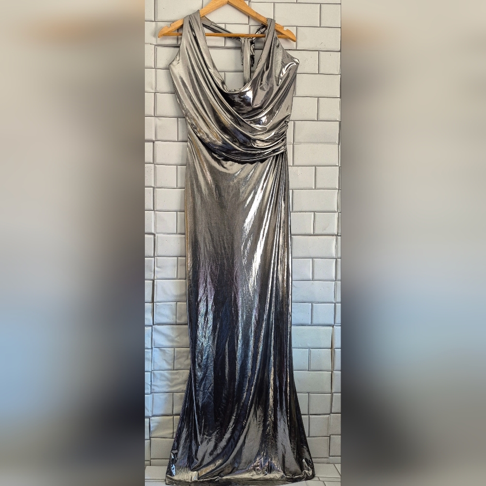 Jluxlabel Ladies Chrome Color Maxi Halter Style Cocktail Evening Dress Deep Drap